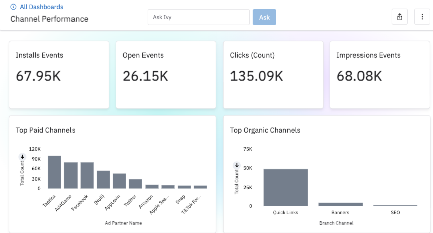 Branch Analysis dashboard displaying channel performance metrics including installs, clicks, and organic channels.