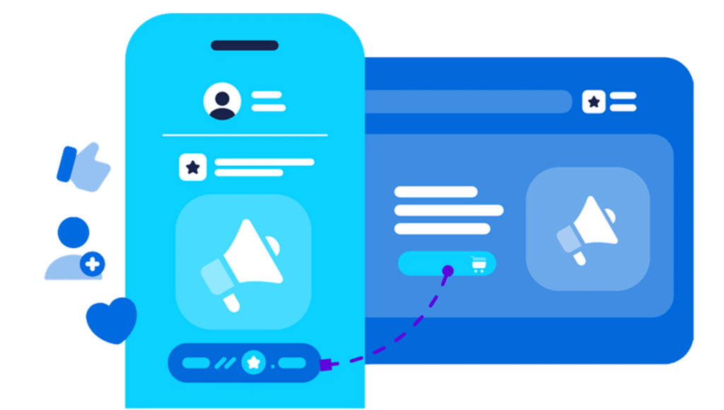 Mobile and desktop interface showcasing social media engagement and advertising features.