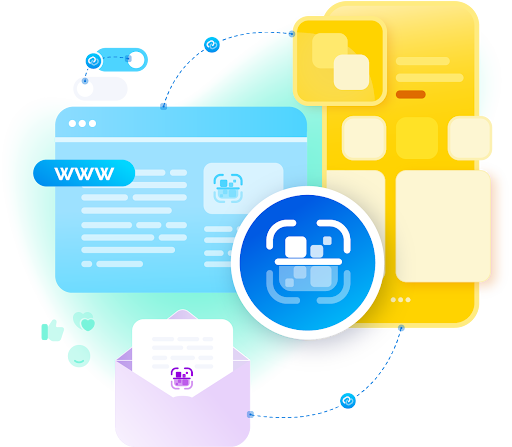Illustration of web and email communication with highlighted elements for user interaction.