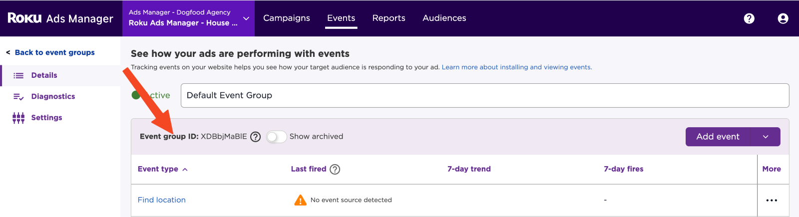 Roku Ads Manager interface showing event group ID and event source status.