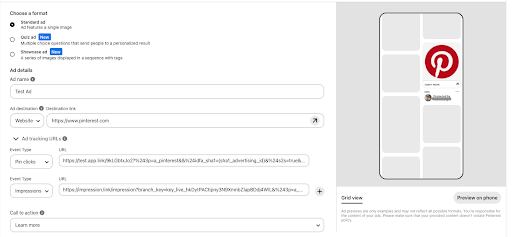 Pinterest ad format selection with highlighted elements for website and tracking details.